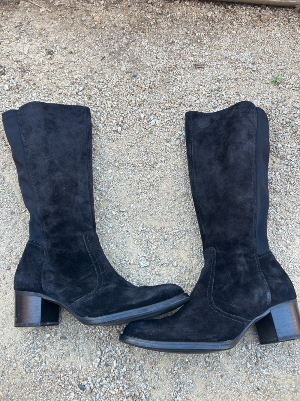Paul Green Black Suede Mid-Calf Block Heel Boots